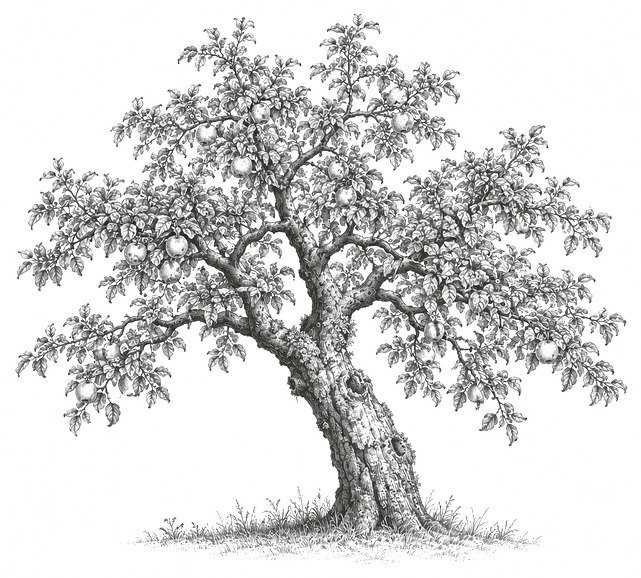 Engraving of an old standard apple tree